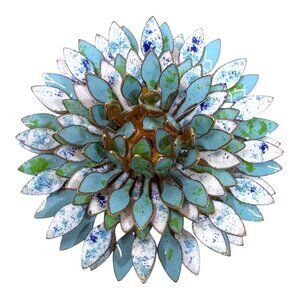 Vtg Gold Tone Enamel Flower Brooch Large Blue Green White Pin Carnation Dahlia